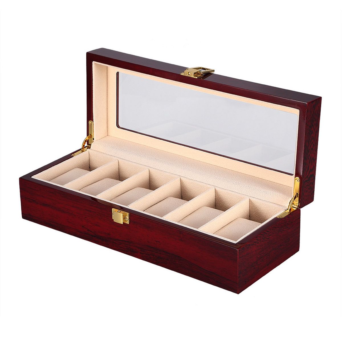 6 Slot Watch Box With Lock And Glass Display Lid 6 Slot Watch Box With Lock And Glass Display Lid