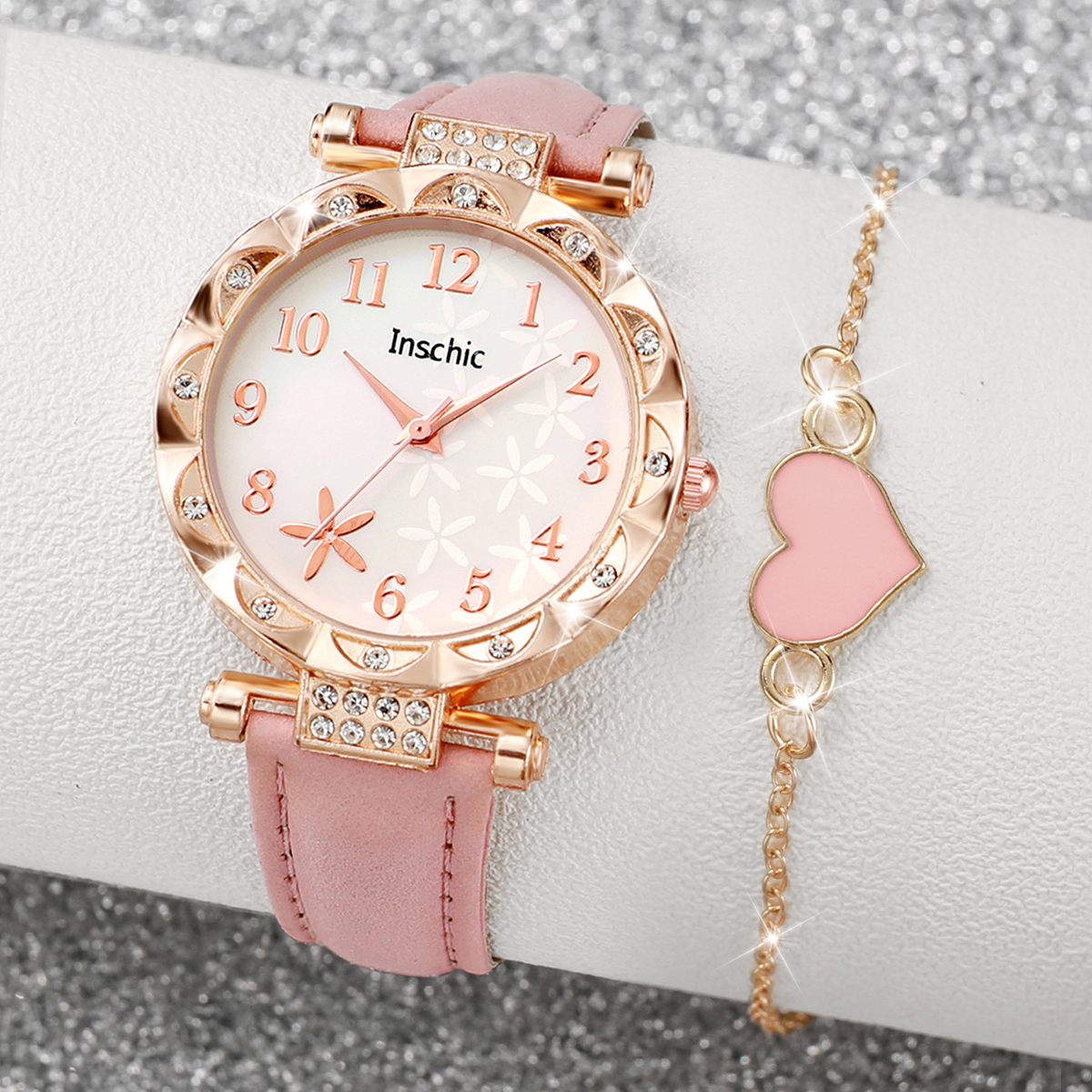 Luxury Rhinestone Women's Quartz Watch & Bracelet Set With Leather Band Gift For Her f