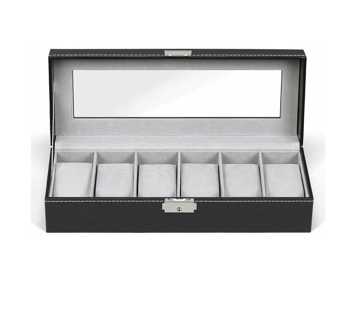 6 Slot Leather Watch Organizer With Clear Display Lid And Lock 6 Slot Leather Watch Organizer With Clear Display Lid And Lock