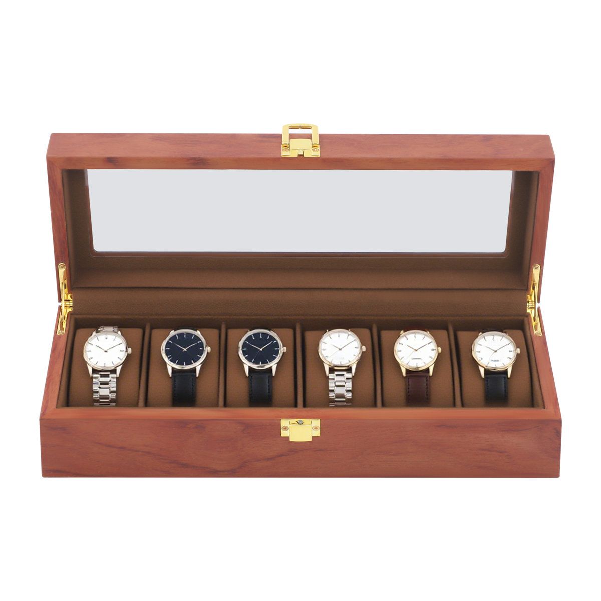 Vintage 6 Slot Wooden Watch Box With Glass Lid And Lock Vintage 6 Slot Wooden Watch Box With Glass Lid And Lock