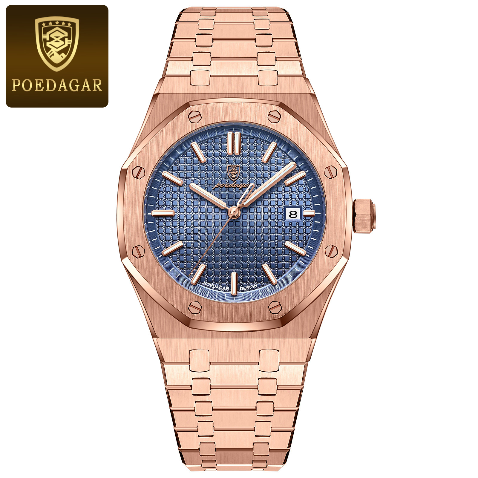 POEDAGAR Luxury Stainless Steel Quartz Watch For Men rose Gold Blue