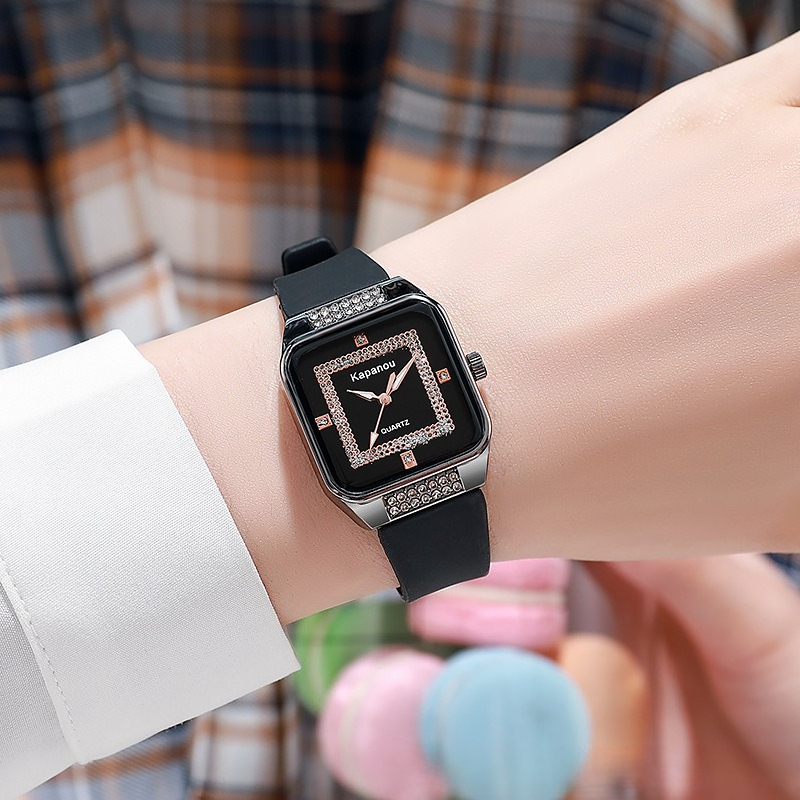 Elegant Square Quartz Watch With Soft Silicone Strap For Women Minimalist Fashion Wristwatch black