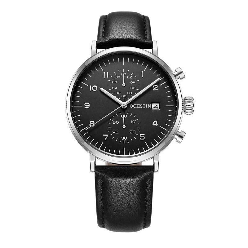 OCHSTIN 6076C Mens Quartz Watch Waterproof Business Leather Watch With Multifunction Dial silver+black
