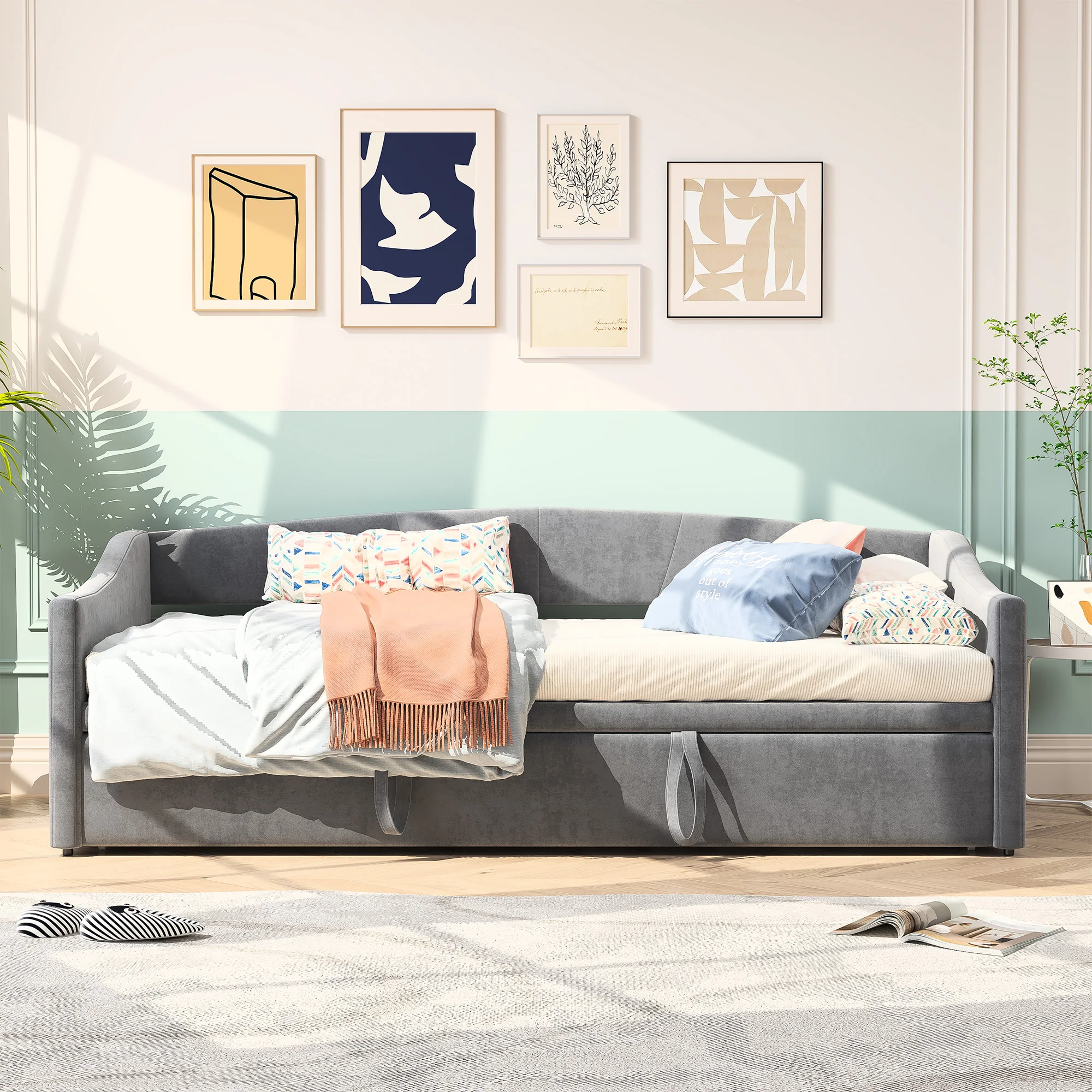 Doppel-Schlafsofa aus Samt, 90/180 x 200 cm, ausziehbar, 2-Sitzer, modernes Schlafsofa, platzsparend, 2-in-1-Schlafsofa, grau