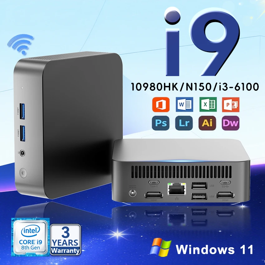 Nouveau Mini PC Portable i9 2026 Intel Core i9 10980HK/ N150/ i3-6100 Ordinateur Windows 11 16 Go 1 To 2 To 4K M.2 UHD Graphics 1000 Mbps Ordinateur de jeu WiFi6 USB Mini PC de bureau portable