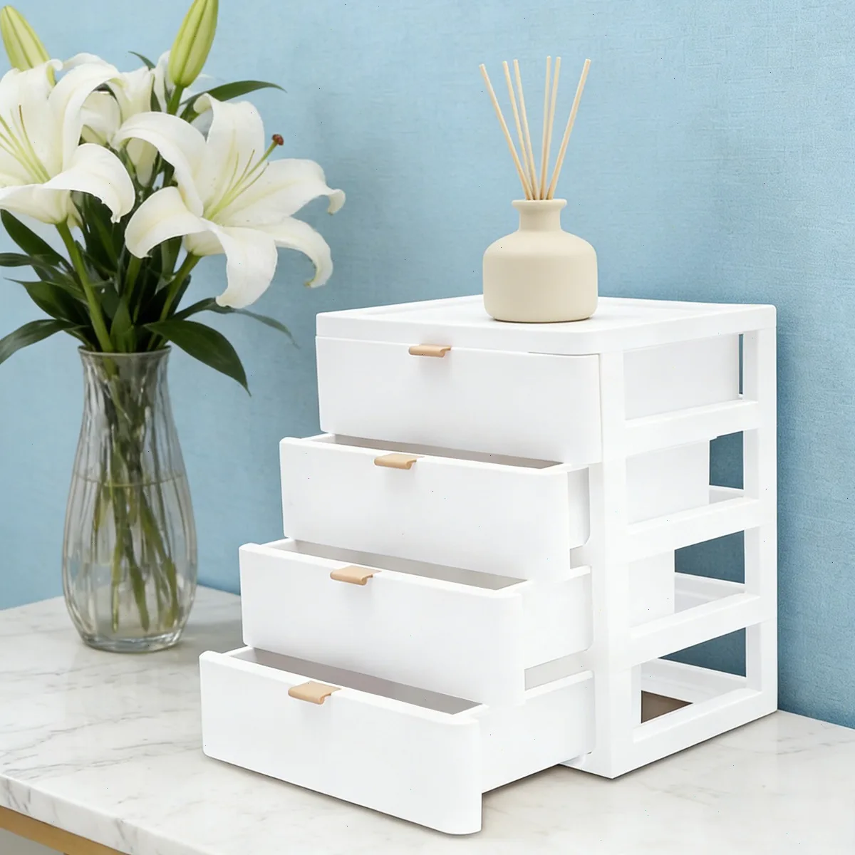 Büro-Aufbewahrungsbox aus Kunststoff, Schreibtisch-Organizer, Schubladen mit großer Kapazität, 4-stufiger weißer Schubladenschrank, robustes PP, multifunktional, für Schreibwaren, Make-up-Aufbewahrung