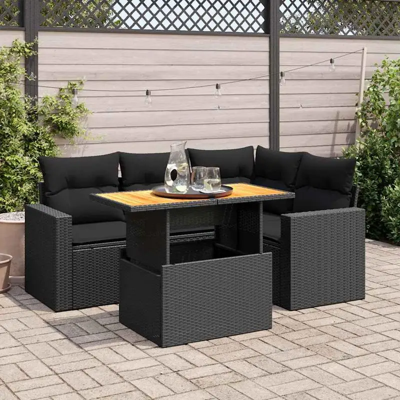 vidaXL Ensemble de meubles de jardin d'extérieur en résine tressée de polyrotin noir, canapé 5 pièces avec coussins pour patio, jardin et salon de jardin