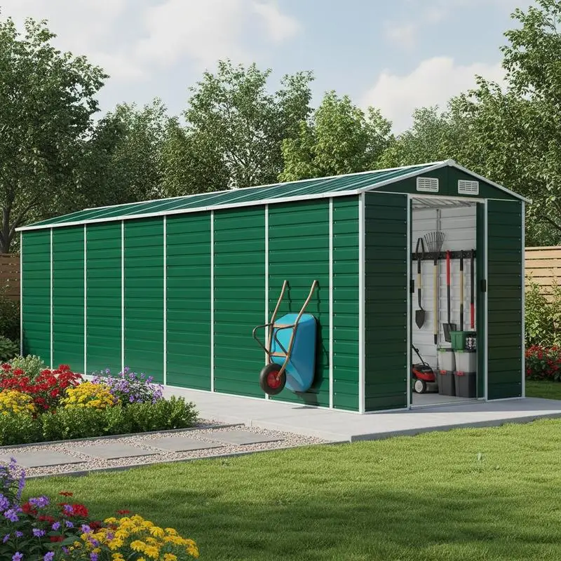 Abri de jardin, construction en acier galvanisé, toit à pignon, grande capacité pour outils de jardin, bois de chauffage, vélos, organisateur de jardin extérieur, vert, 191x640x198 cm