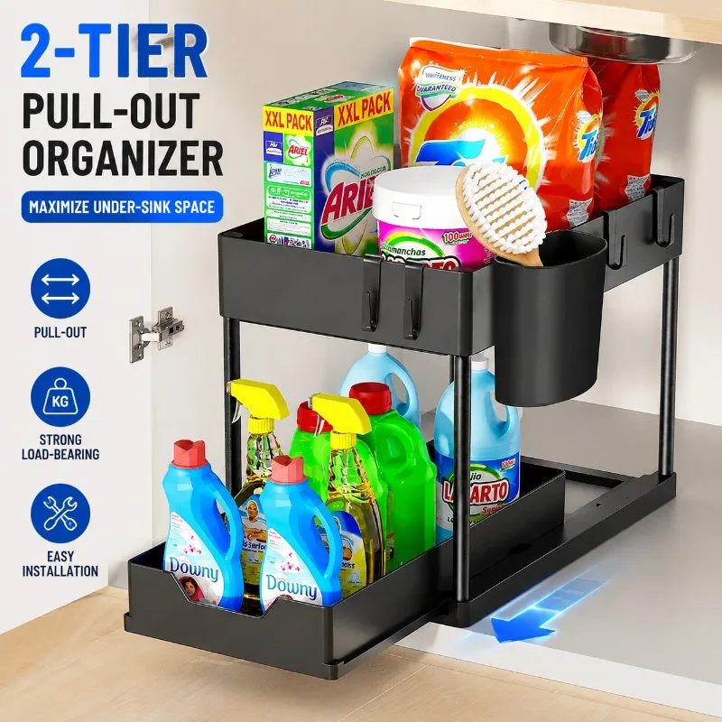 2-stufiger ausziehbarer Unterschrank-Organizer mit Haken, Hängekorb für Tassen, platzsparendes Regal für Küche und Bad