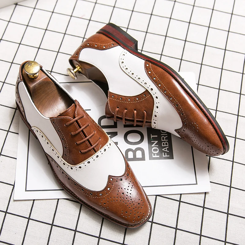 Italienische Marke Braun Weiß Gemischte Block Schuhe Herren Hochwertige Kleid Schuhe Business Büro Schuhe Leder Loafer Große Größe: 38-48