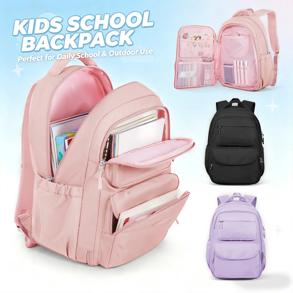 Sacs d'école pour filles, sac à dos enfant avec porte réfrigérateur, sac à dos d'école primaire, sac à dos d'école léger rose pour filles de 8 à 16 ans