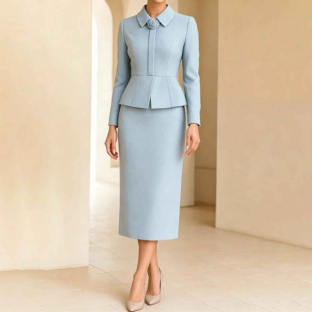 Customized Mother Of Bride Dresses Light Blue Collared Two Piece Skirt Suit Wedding Guest Formal Evening Gown With Rose Brooch