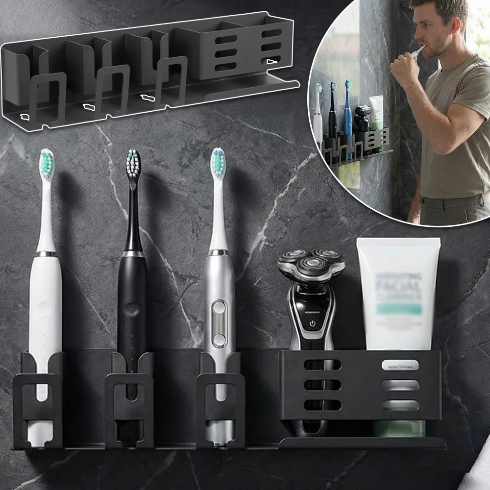 Porte-brosse à dents mural pour salle de bain, sans perçage, organisateur de rangement auto-adhésif pour salle de bain, pour brosse à dents, rasoir, peigne et accessoires de salle de bain familiaux.
