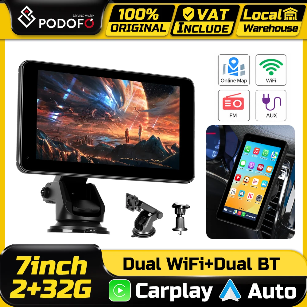 Podofo 2+32 Lecteur multimédia intelligent portable pour tableau de bord de voiture, CarPlay sans fil, Android Auto, Apple Airplay, WIFI, autoradio, caméra embarquée, lecteur vidéo multimédia