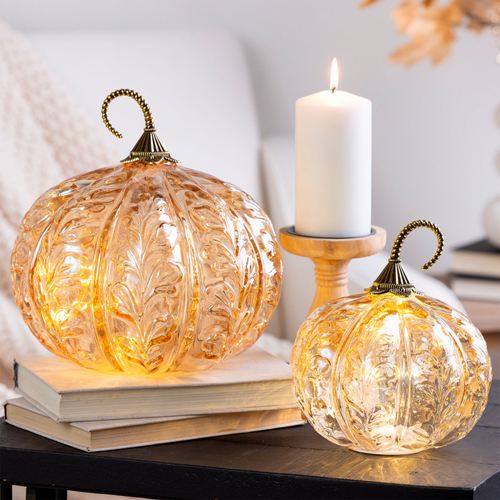 Autumn Leaf LED Pumpkin Tabletop Accents Amber Set of Two, Set of Two, Amber