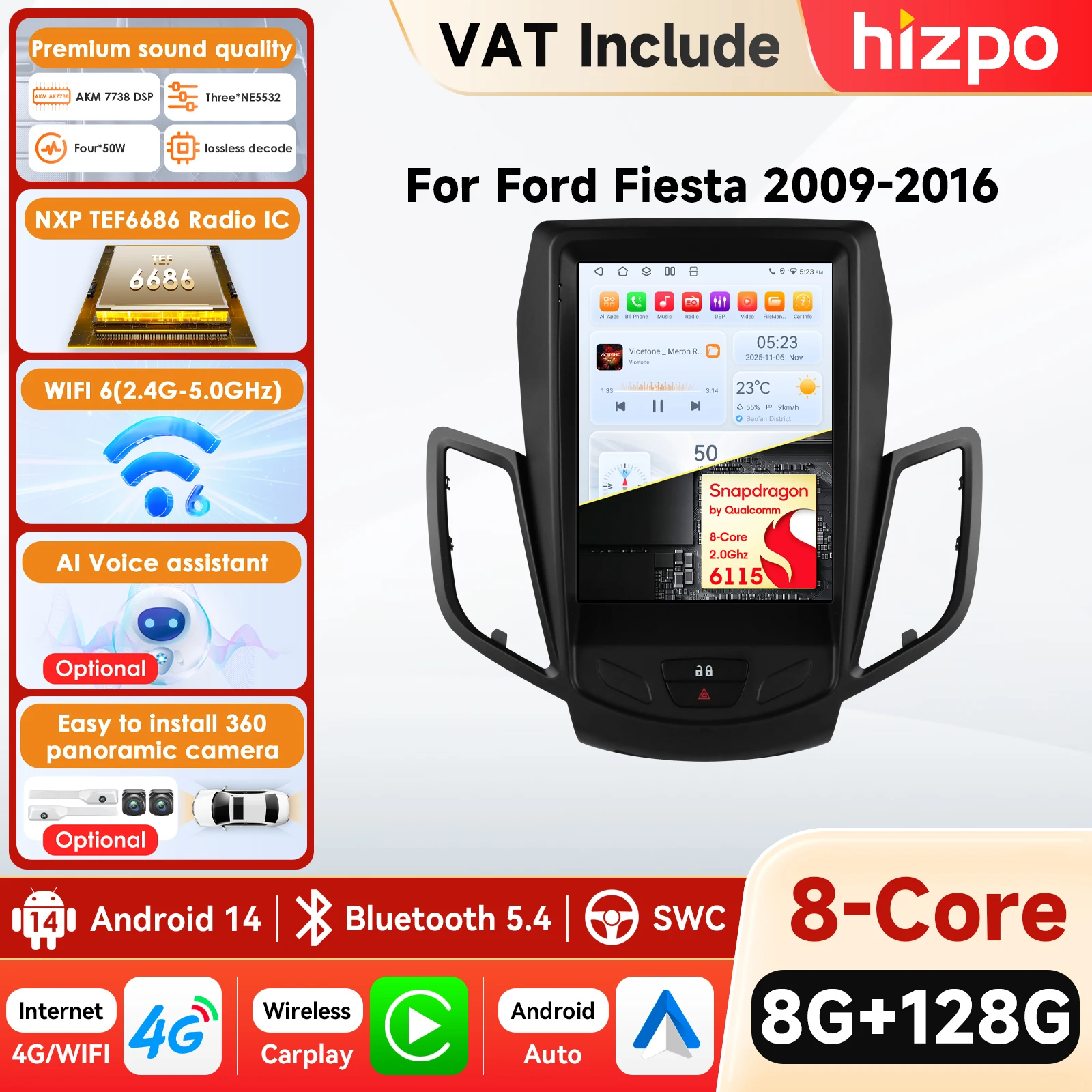 6115 Android 14 9,7' Snapdragon Autoradio für Ford Fiesta MK7 2009-2017 Multimedia-Player GPS-Navigation Stereo Carplay 4G 360°-Kamera AI 9,7 Zoll Tesla-Style Intelligenter Bildschirm QLED-Display Automotive Head Unit Navigation 5G WIFI DSP Split...