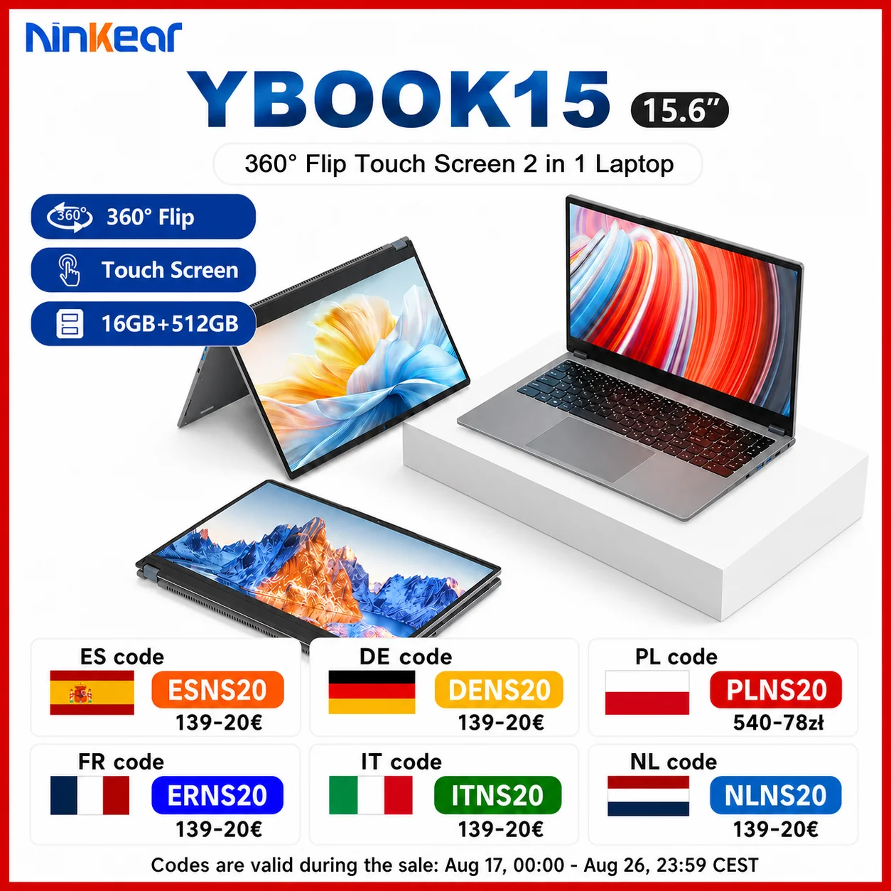 Ninkear YBOOK15 Ordinateur portable 2-en-1 15,6 pouces AMD Ryzen 3 3250U 16 Go de RAM DDR4 512 Go de SSD Ordinateur portable convertible 360 ° Écran tactile rabattable FHD, carte graphique Radeon Vega 3, USB-C, HDMI, WiFi, Bluetooth, ordinateur...