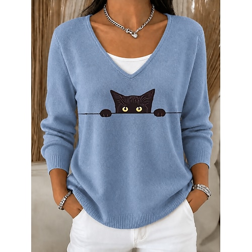 Damen Pullover Mode Täglich Lässig Grafik Tiermotiv Gerippt V Ausschnitt Knöpfe Druck Langarm Normale Oberteile Stricken Täglich Outdoor Date Blau Rosa Herbst Winter