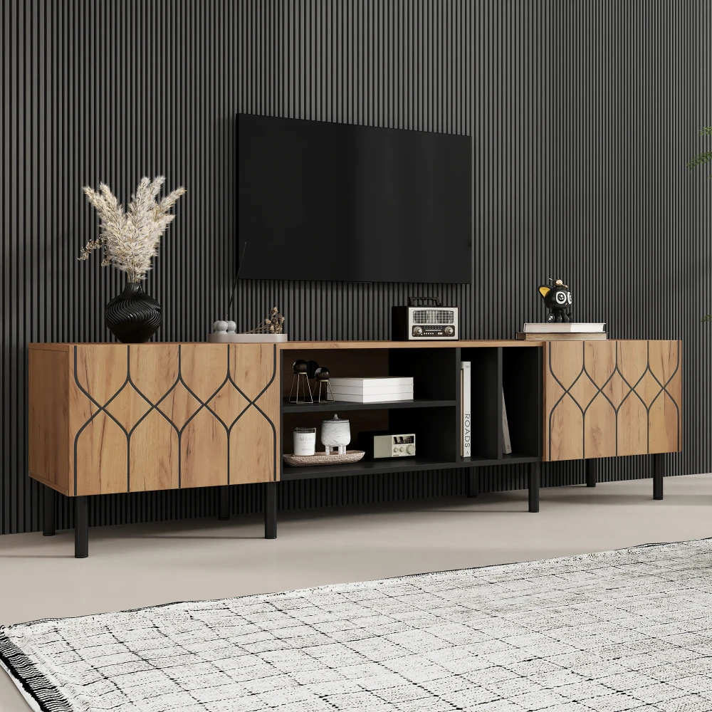 Meuble TV grand format 180x40x50cm pour téléviseur 70 pouces, meuble bas moderne avec 2 portes et 4 espaces de rangement ouverts, bois naturel noir, meuble multimédia combiné, meuble TV