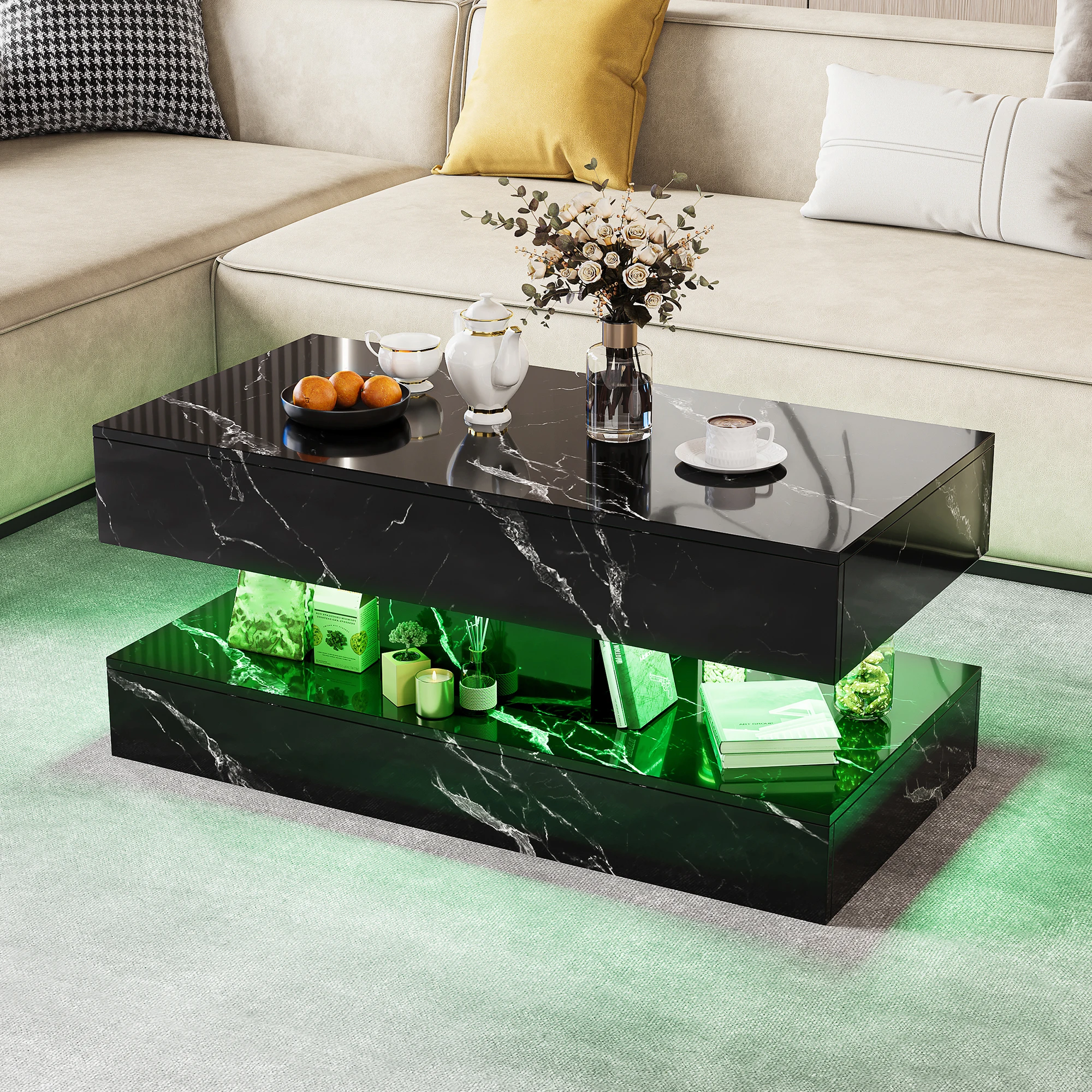 Anajqaqia 100x50x45cm Couchtisch, Wohnzimmertisch, Sofatisch, Teetisch, moderner zweistufiger Hochglanz-Tisch mit Marmoreffekt, 2 Schiebeschubladen und offenem Ablagefach