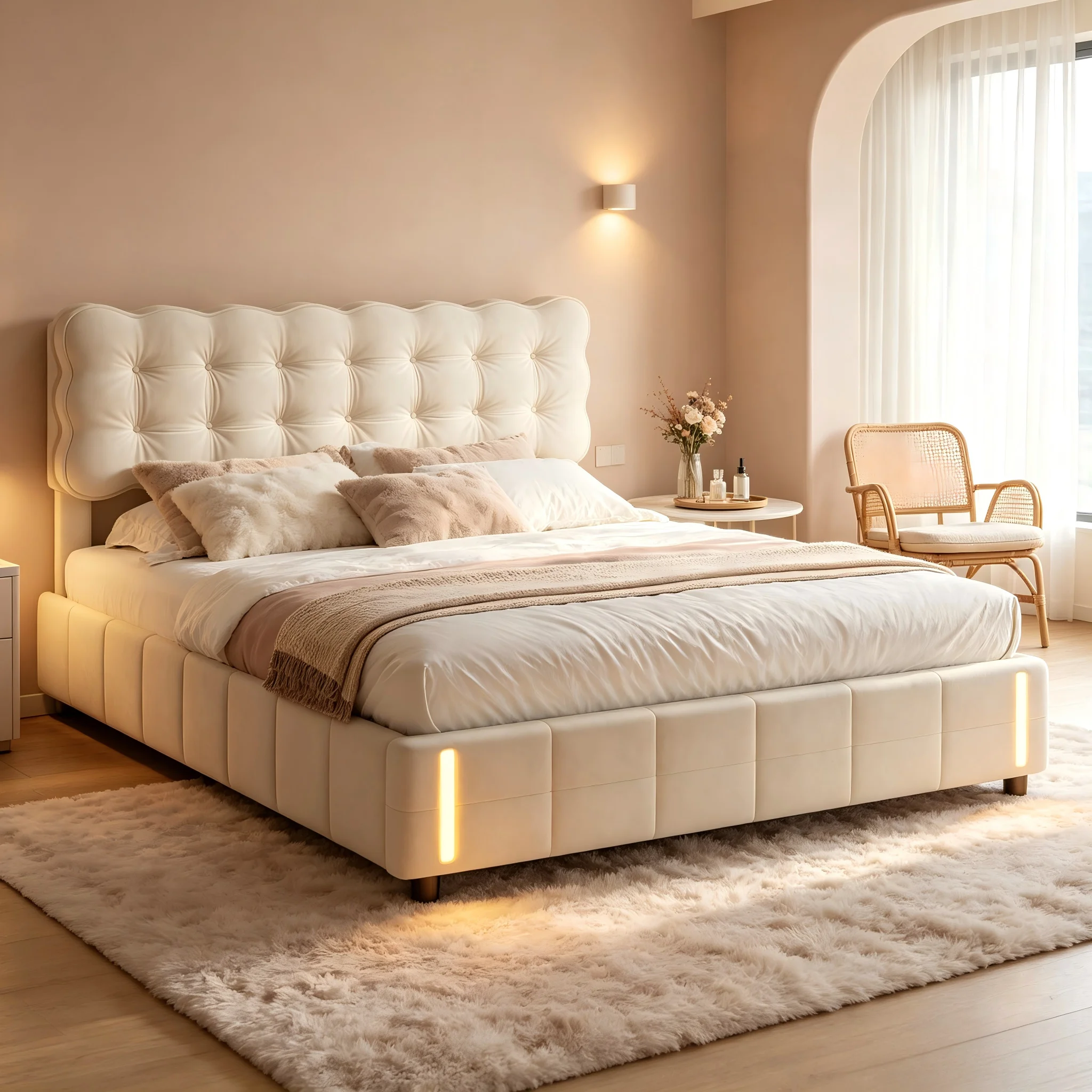 Rosahqnda Ottoman-Bettgestell aus beigem Samt, 140 x 190/140 x 200/160 x 200 cm, gepolstertes Bett mit Gaslift-Stauraum und LED-Fußbrettbeleuchtung, modernes Doppelbett für Schlafzimmer, Erwachsene