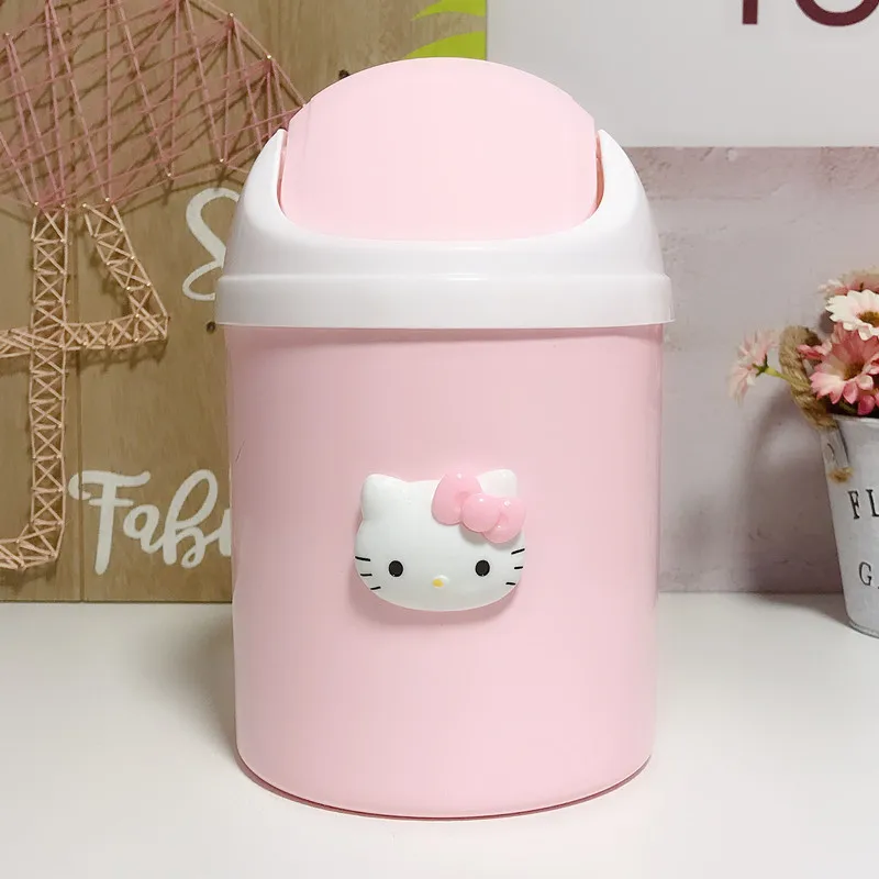 Hello Kitty Cartoon Kleiner Schreibtisch-Mülleimer, Abgedeckter Büro-/Schlafzimmer-/Wohnzimmer-Mülleimer mit Schwingdeckel