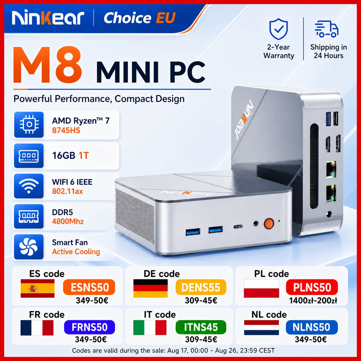 Mini PC Ninkear M8, AMD Ryzen 7 8745HS, carte graphique Radeon 780M, 16 Go DDR5, SSD 1 To, affichage 8K ou triple 4K, USB-C, USB 3.2, HDMI, DP 2.0, LAN 2.5G, WiFi 6, Windows 11 Pro