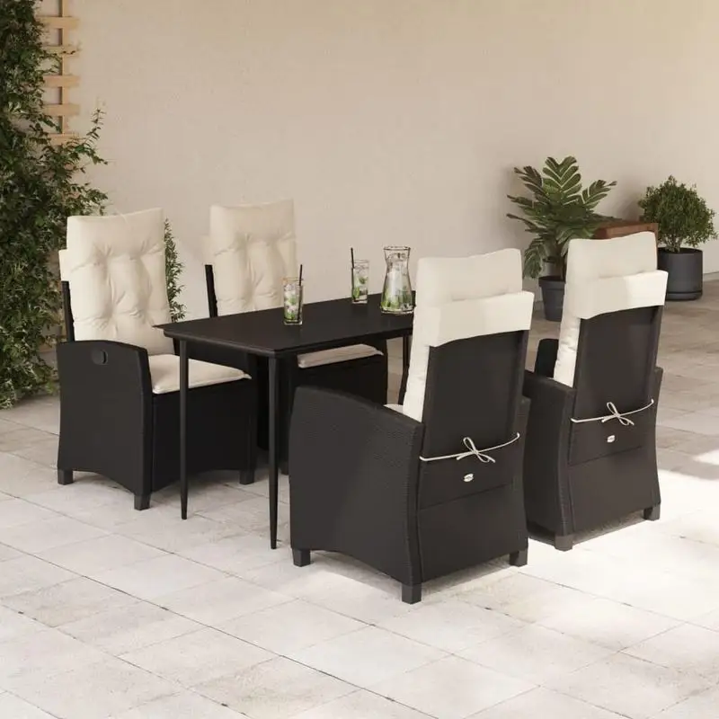 Ensemble de salle à manger de jardin 5 pièces en polyrotin noir avec coussins de siège, résistant aux intempéries, stable, pour jardin, terrasse, balcon, mobilier de jardin extérieur, ensemble de