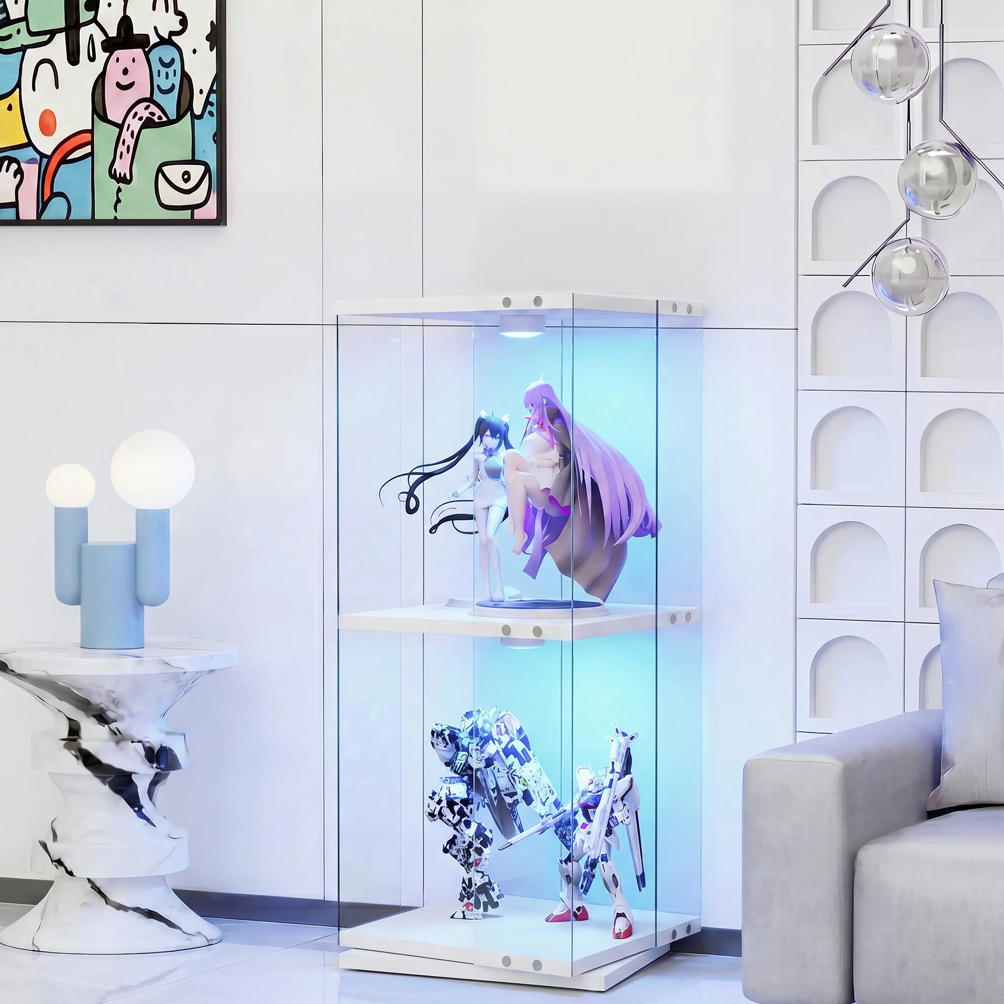 Superaly 38×38×82cm Drehbarer Vitrinenschrank mit 2-stufiger transparenter Acryl-Figurenvitrine, Einzeltüriger weißer Sammler-Aufbewahrungskasten für Actionfiguren, Gundam, Figuren, Spielzeug