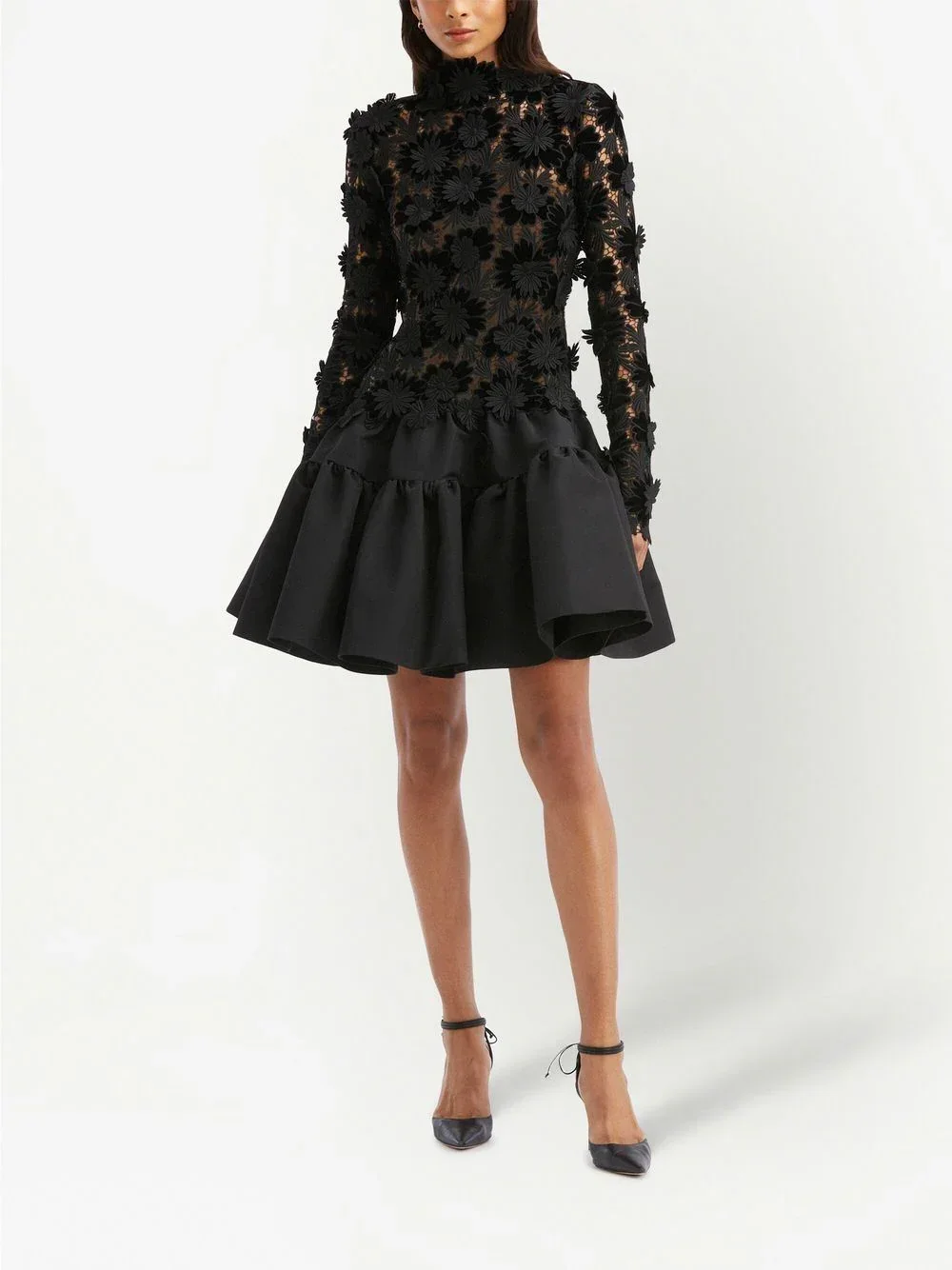 Customized Saudi Arabia High Neck Long Sleeve Floral Prom Dresses A-line 3D Lace Party Evening Dress Open Back Cocktail Dresses