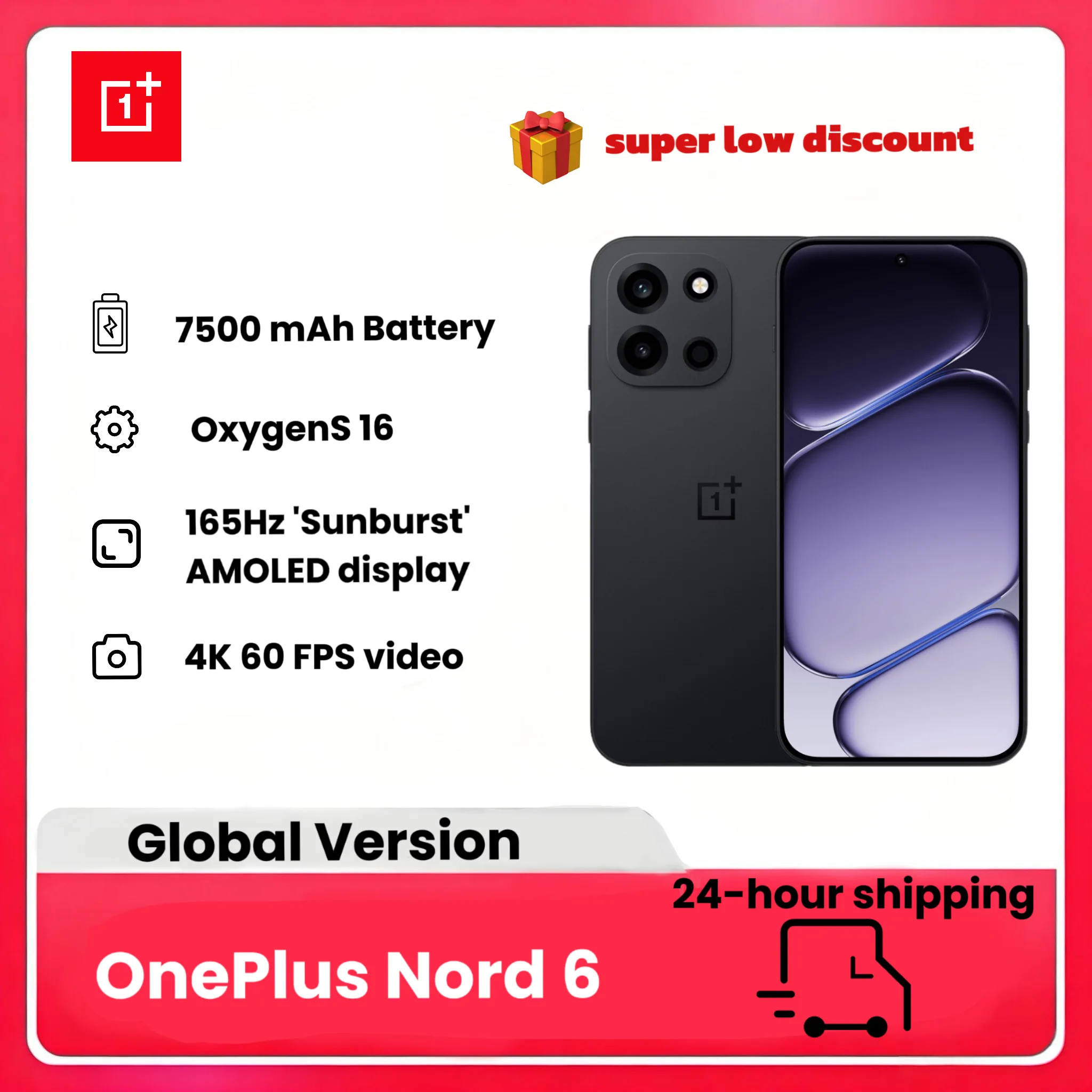 2026 NEW smartphone OnePlus Nord 6 Smartphone, édition mondiale, 12 + 512GB, batterie 7500mAh, Snapdragon 8 série, 165Hz, caméra 50MP, sans chargeur
