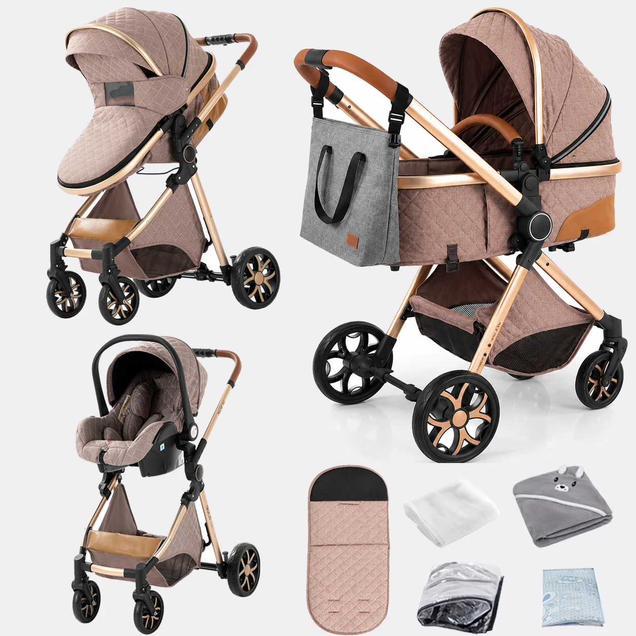 3-in-1-Kinderwagen-Set mit integriertem Autositz, leichtem Aluminiumrahmen, faltbarer, hochpositionierter und umkehrbarer Sitzposition, Federung, Rädern, UV-Schutz-Verdeck und großem Korb für Neugeborene.
