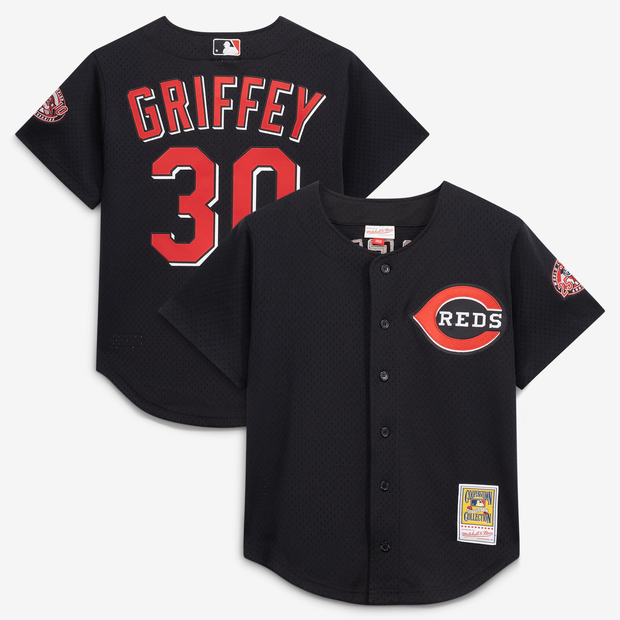 Mitchell & Ness Ken Griffey Jr. Herren-Trainingsjersey aus der Cooperstown Collection der Cincinnati Reds, schwarz, mit Mesh-Einsätzen und Knopfleiste.