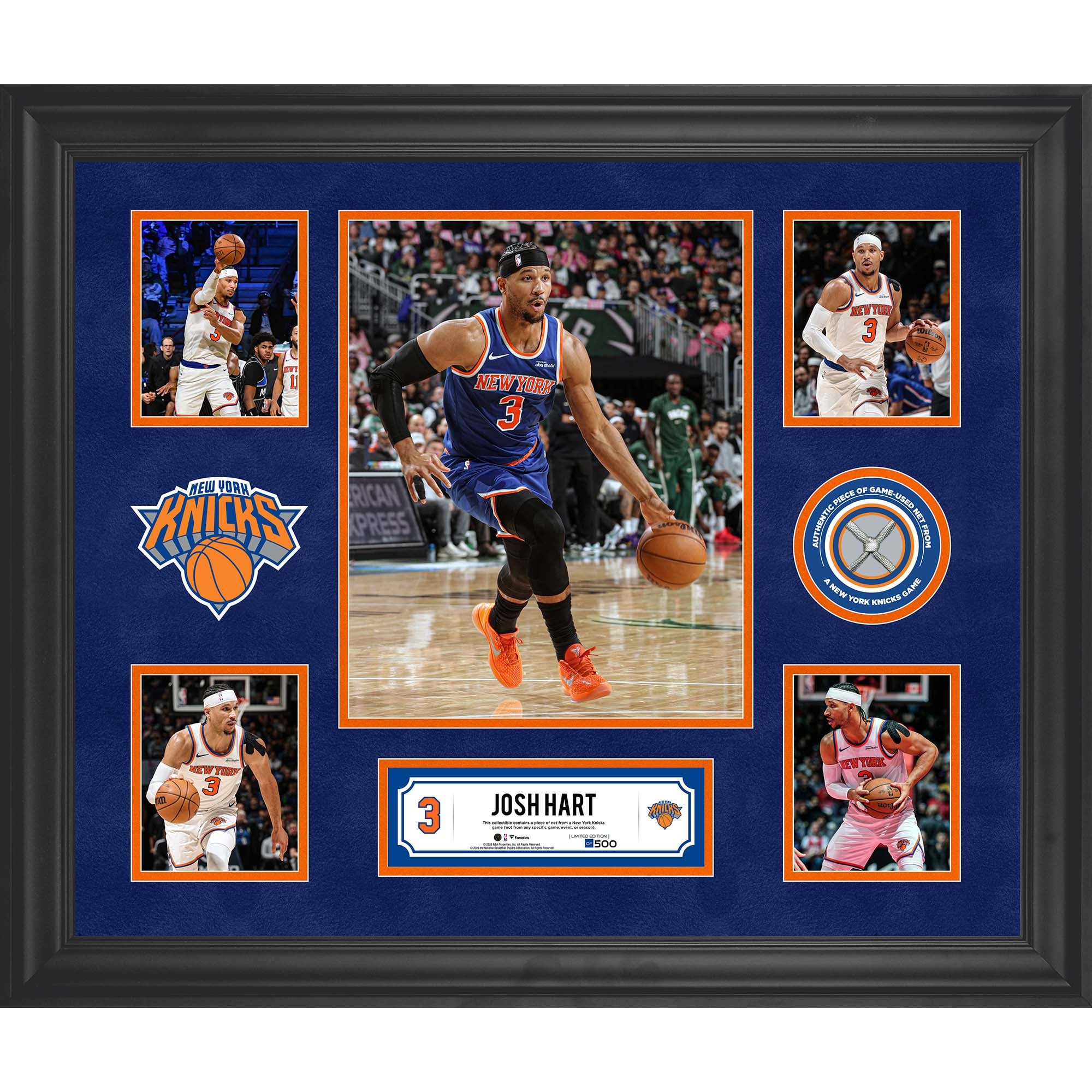 Gerahmte 5-Foto-Collage der New York Knicks von Josh Hart mit einem Stück des im Spiel verwendeten Netzes – Limitierte Auflage von 500 Stück
