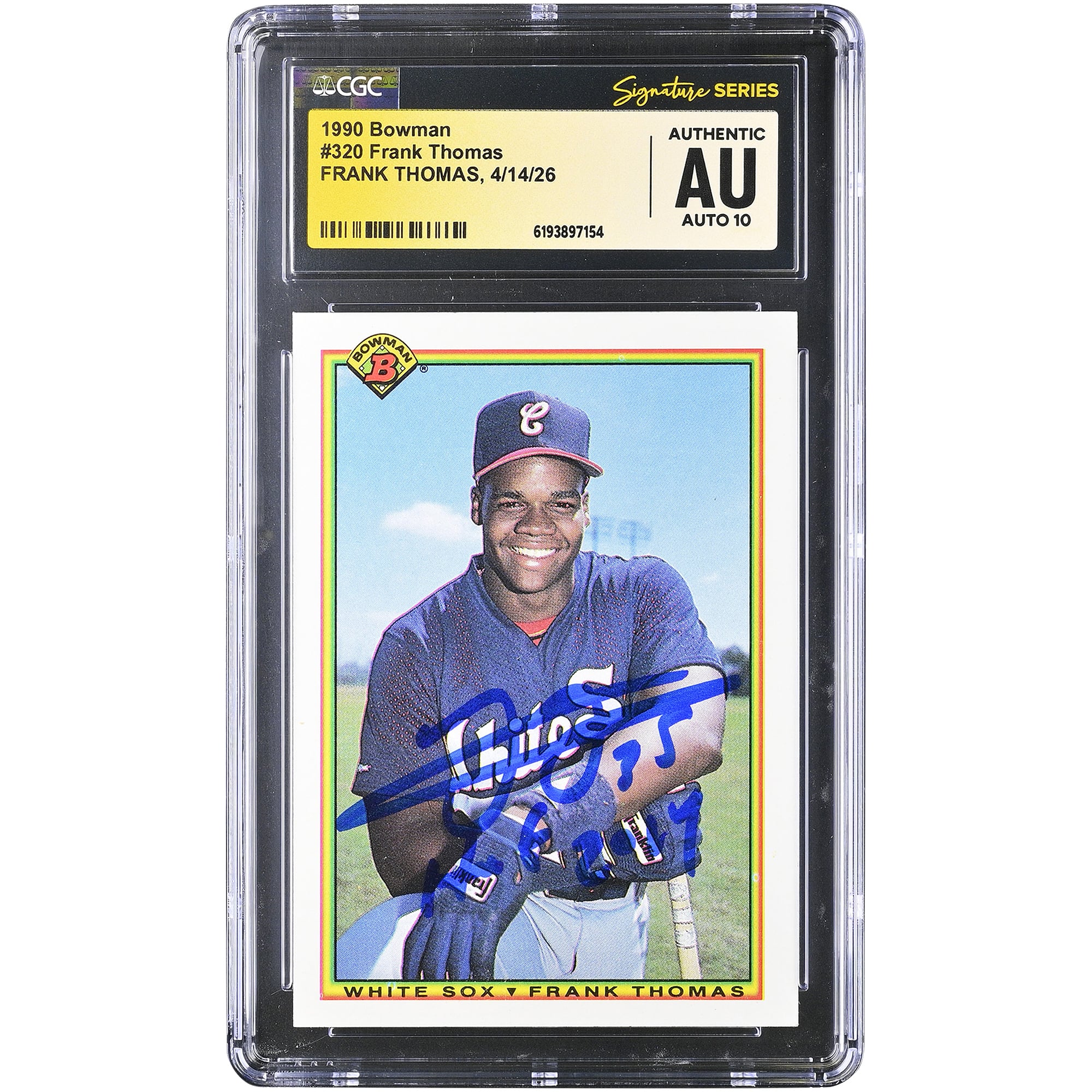 Frank Thomas, Chicago White Sox, signierte 1990 Bowman #320, CGC Fanatics Witnessed Authenticated AUTO 10 Rookie Card mit der Inschrift „HOF 2014“.