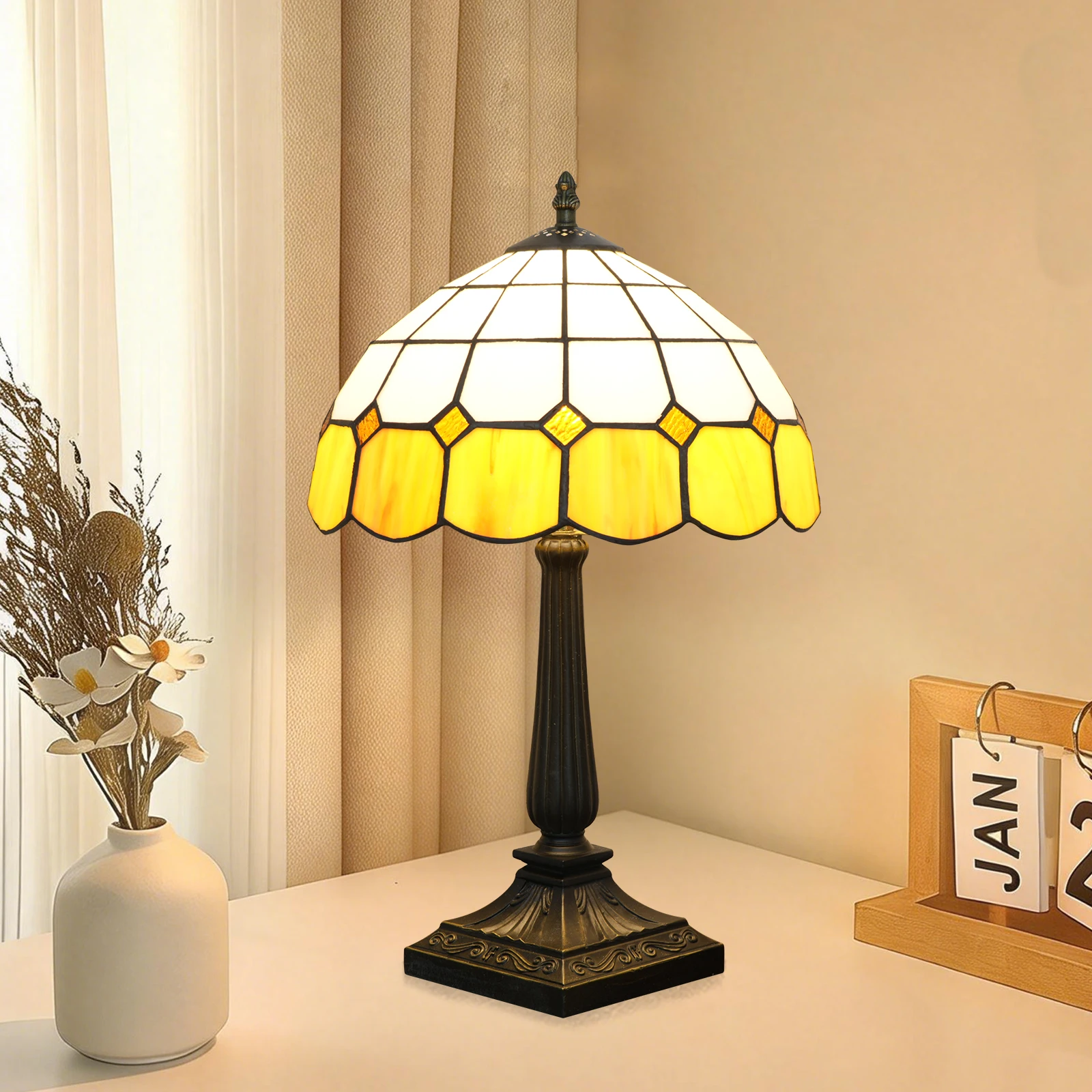 Lampe de table de style Tiffany, 12 pouces, lampe de chevet en verre teinté méditerranéen, lampe de lecture, lampe de bureau antique, lampe de chambre à coucher, lampe de bureau vintage, lampe d'art