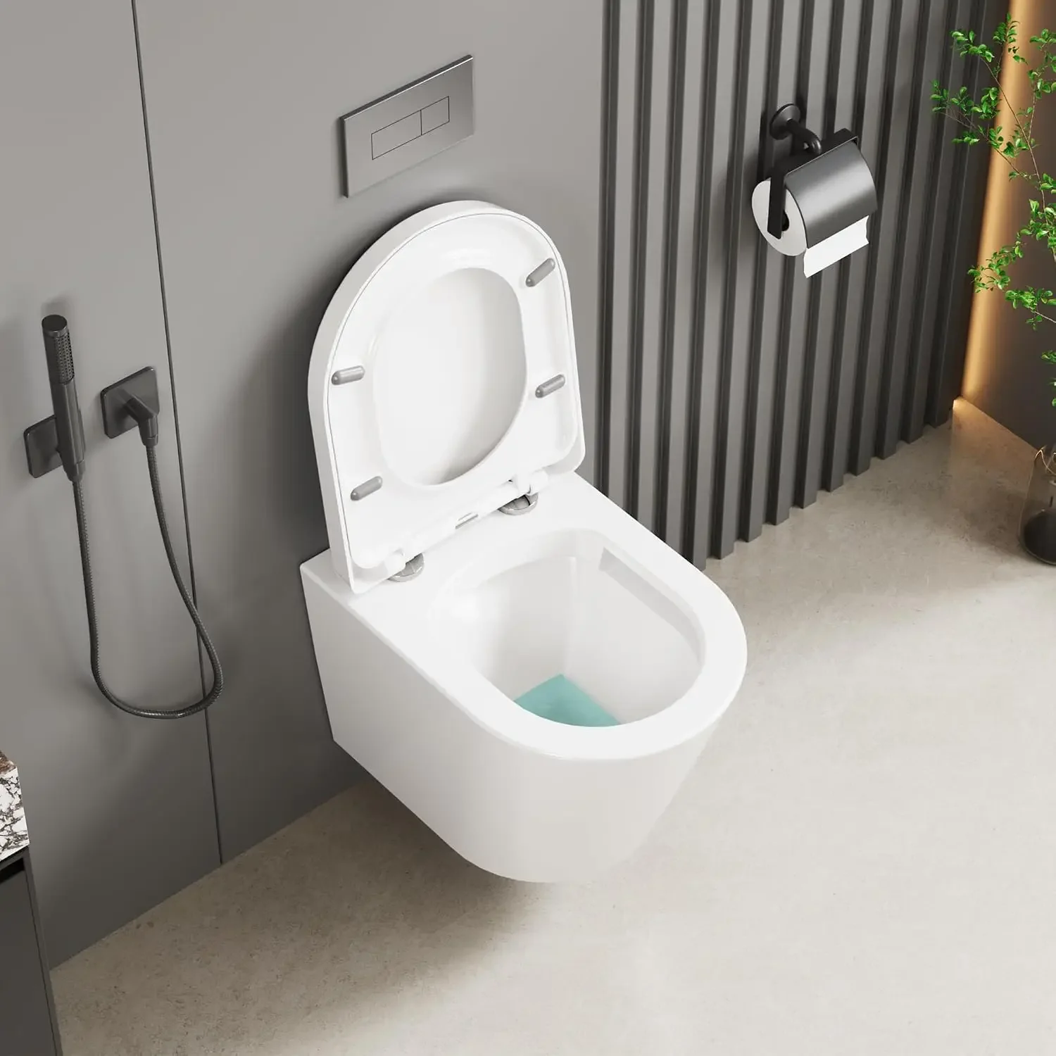 Platzsparendes, wandmontiertes WC ohne Spülkasten, U-Form, aus Keramik – leises Spülen – abnehmbarer, sanft schließender Sitz – schnelle Installation – für gewerbliche Toilettensätze, weiß –