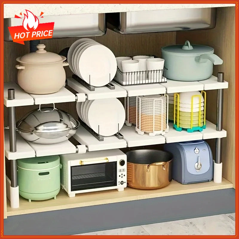 Verstellbares Unterschrank-Aufbewahrungsregal, erweiterbarer Küchen- und Badezimmerschrank-Organizer, langlebiger, platzsparender mehrschichtiger Topfhalter