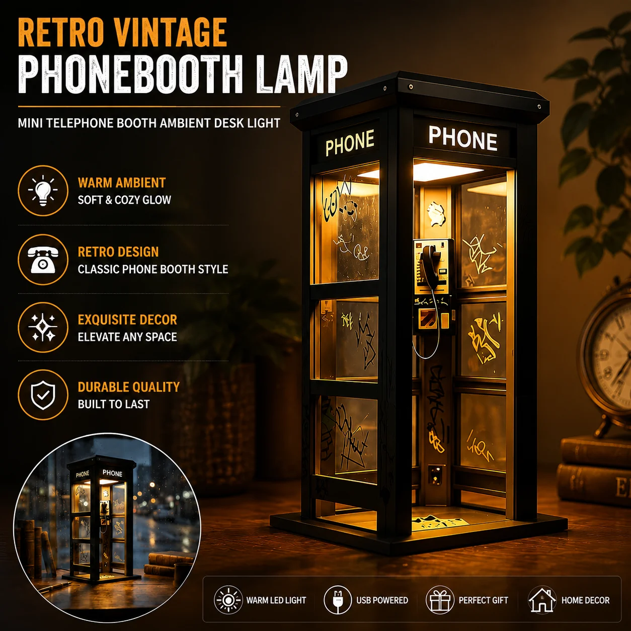 Retro Vintage Tall Telephone Lamp Mini Telephone Ambient Desk Light Phone Box Decorative Night Light Home Decor