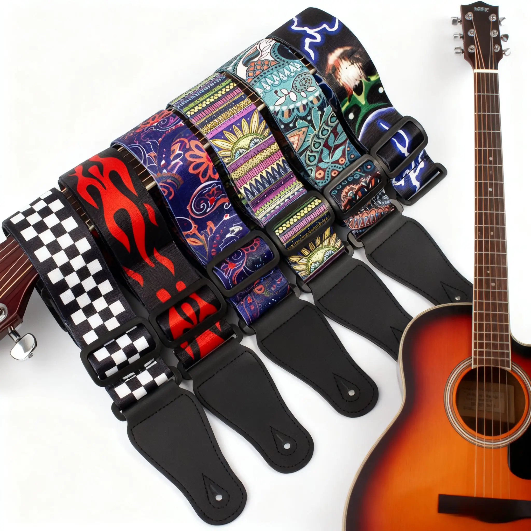 6 Stück modische Instrumentengurte, Gitarrengurt mit Lederenden, verstellbare E-Gitarrengurte für E-Gitarren, Bass- und Akustikgitarren
