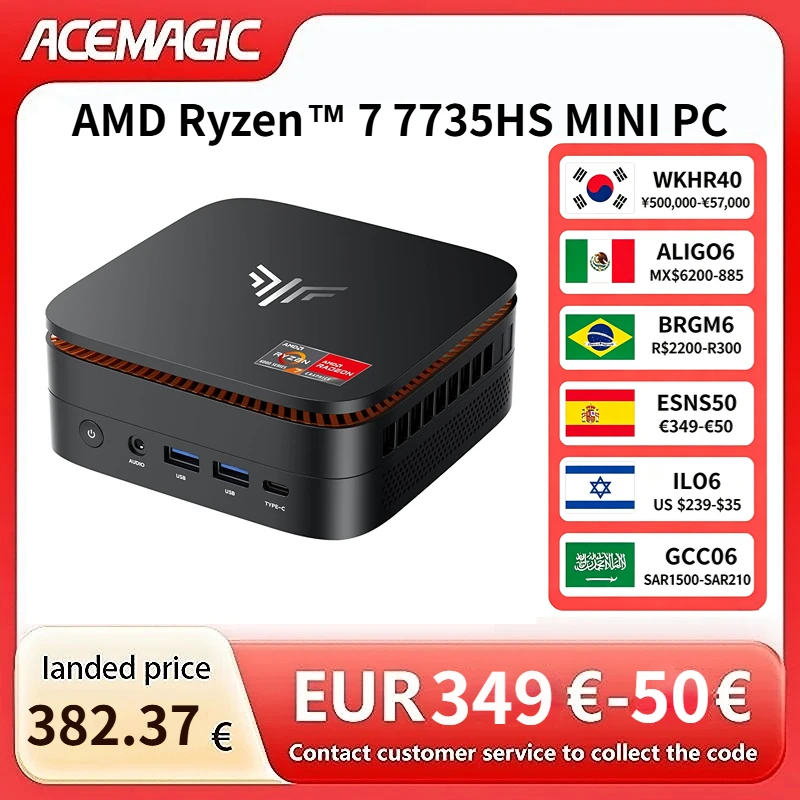 ACEMAGIC Ryzen 7 7735HS Gaming Mini-PC 24GB LPDDR5 6400MHz 1TB NVMe SSD Radeon Grafik 8C 16T Desktop-Computer 4K Triple-Display