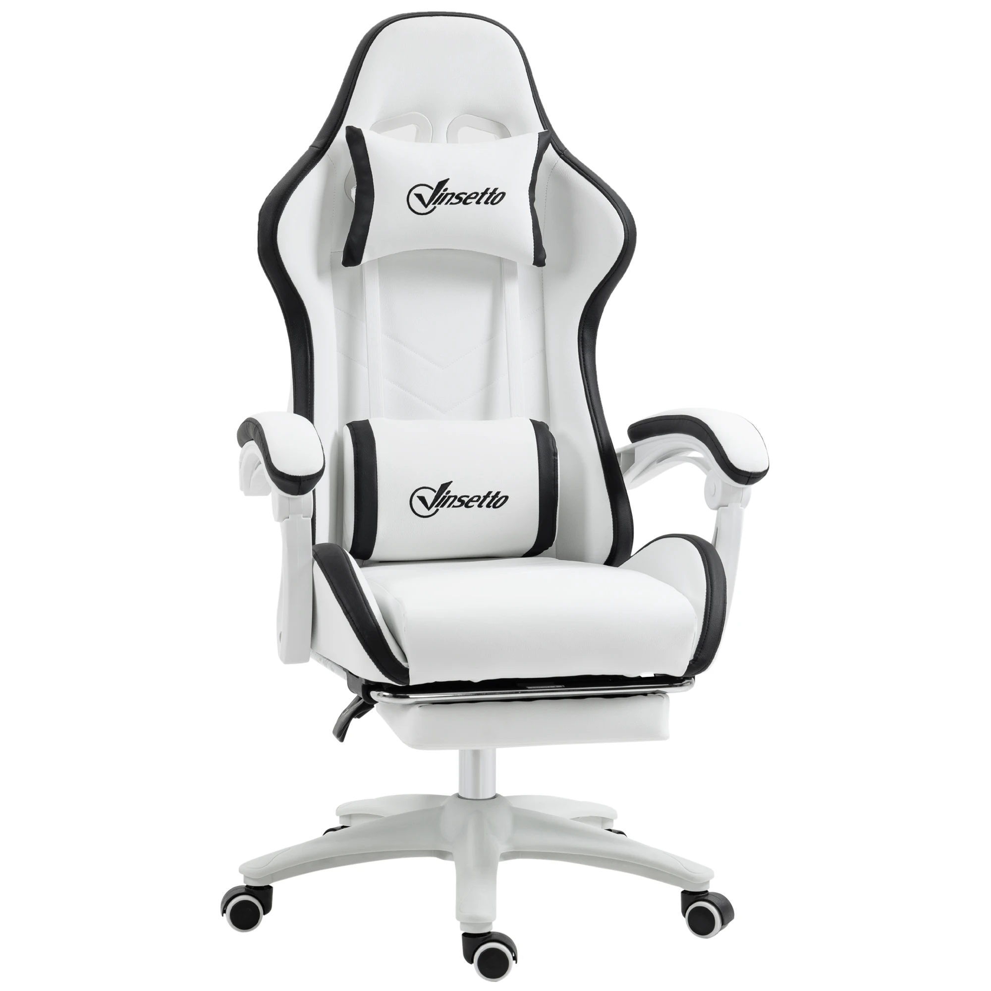 Vinsetto Gaming-Sessel, Gaming-Liegesessel mit 135° Neigung ° mit Kopfstütze und Fußstütze, 65B x 65T x 121-129H cm, weiß und schwarz