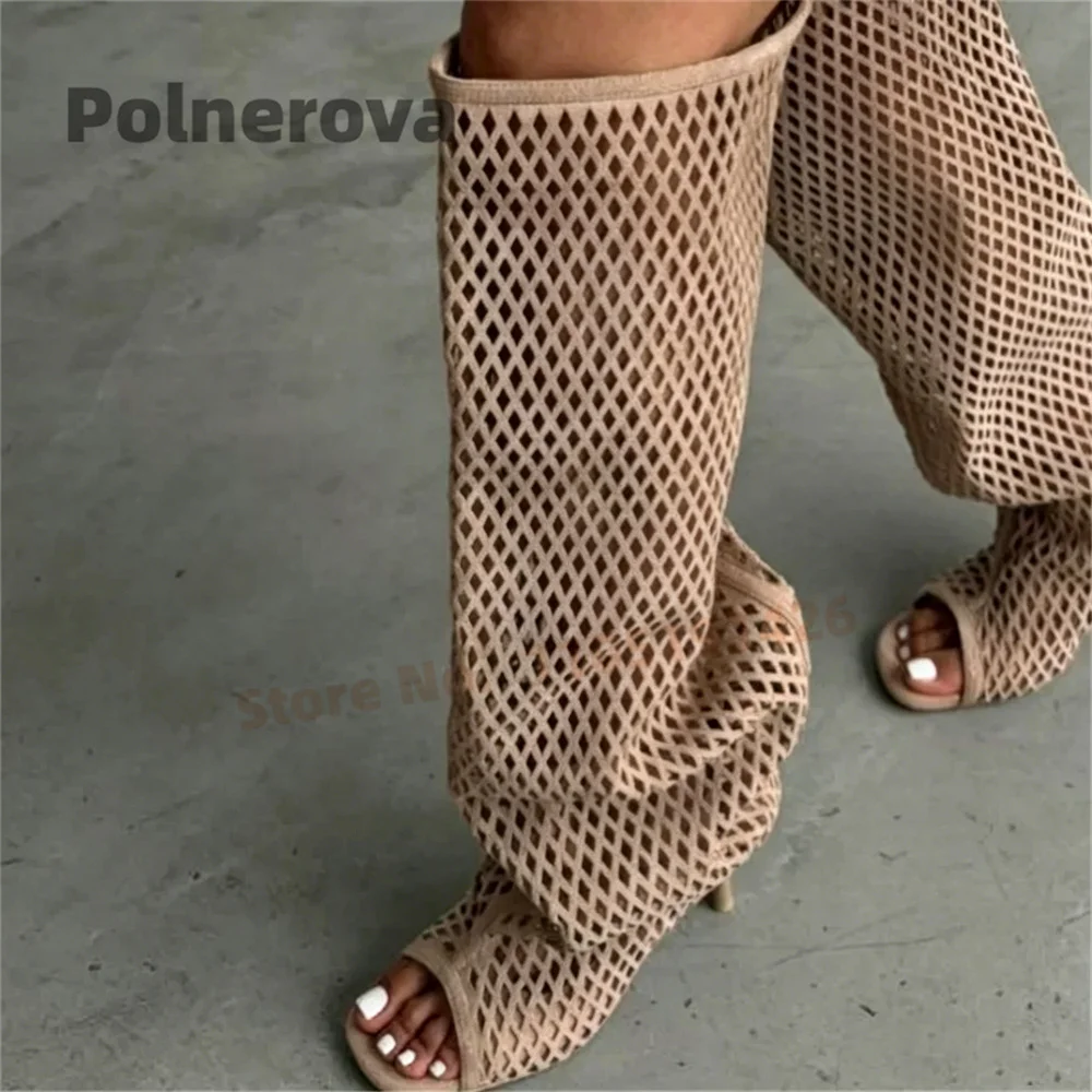 Ausgehöhlte Leder-Kniehohe Stiefel für Damen Peep Toe Sommer Weiß Schwarz Stiletto High Heel Lange Stiefel Party Streetwear Schuhe