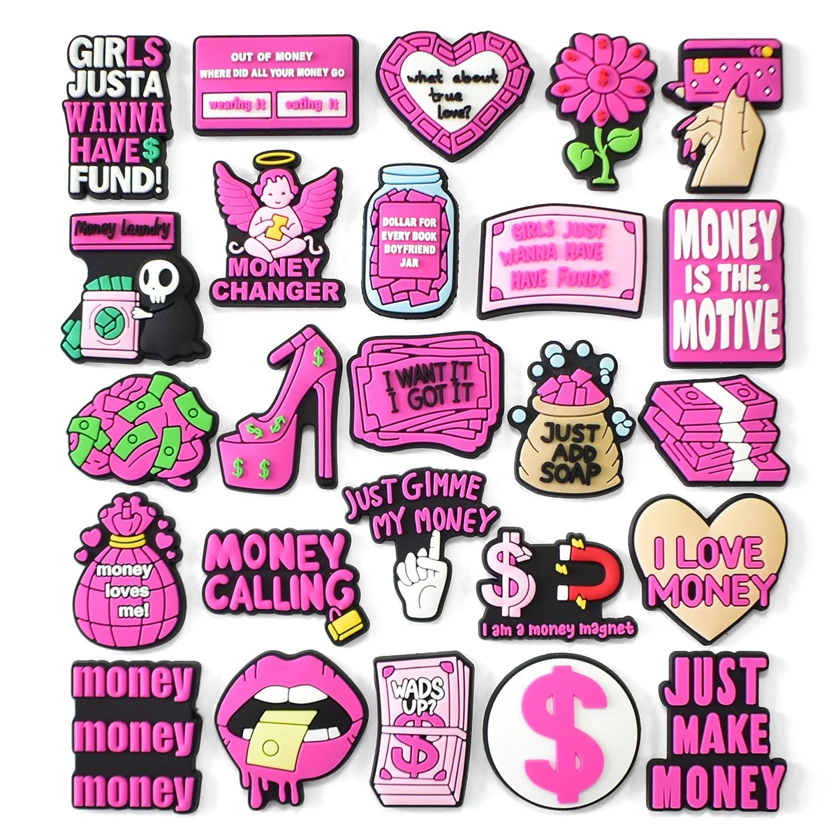 25 Stück Rosa „I Love Money“ Schuh-Charms für Damen und Mädchen, Schuhdekoration, Accessoires für Clogs, Sandalen, Armbänder, Taschen, Urlaubsgeschenke
