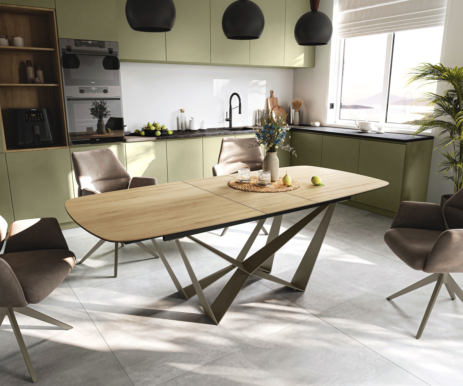 DELIFE Esstisch Edge Boot 180-220x100 cm Keramik Laminam® Sabbia Eichefarbig Spider Metall Effektfinish Titan ausziehbar, Esstische
