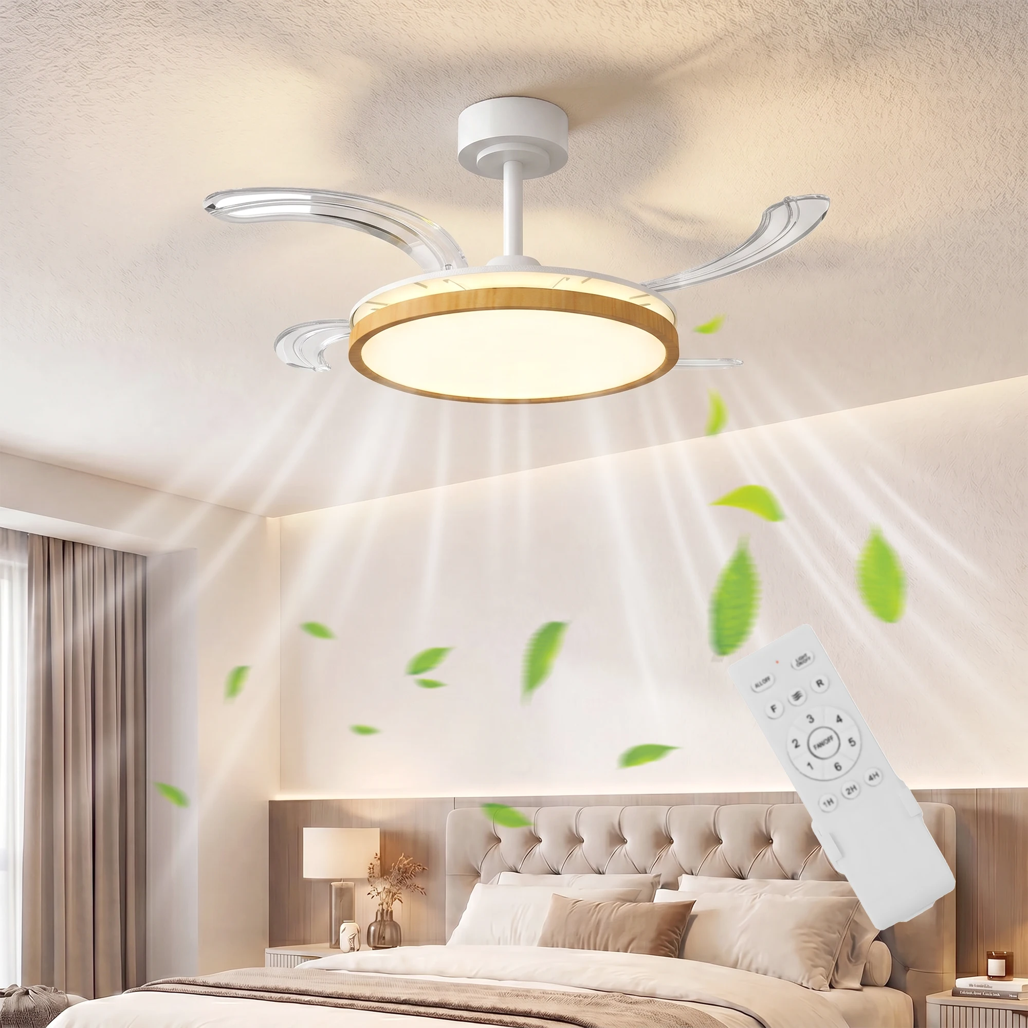 HOMCOM Deckenventilator mit Beleuchtung, einziehbare Flügel, Ø95 cm, 80 W Dimmbare LED Deckenleuchte mit Ventilator, 3 Lichtfarben, Fernbedienung, 6 Geschwindigkeiten, Timer, DC Motor, Natur