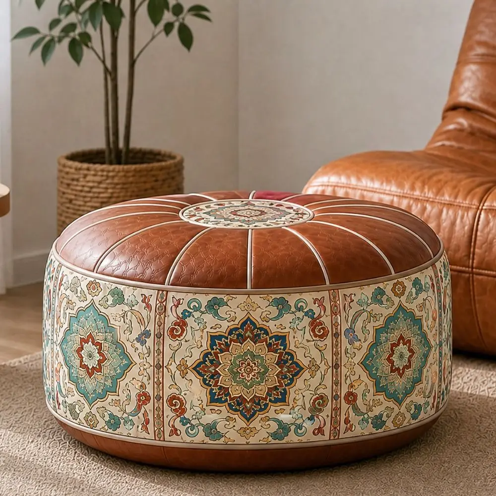 Neuer PU-Leder Ottoman Pouf, faltbar, Boho-Muster, Aufbewahrungs-Ottoman, befüllbar, runde Form, runder Pouf-Bezug, vielseitige Aufbewahrung