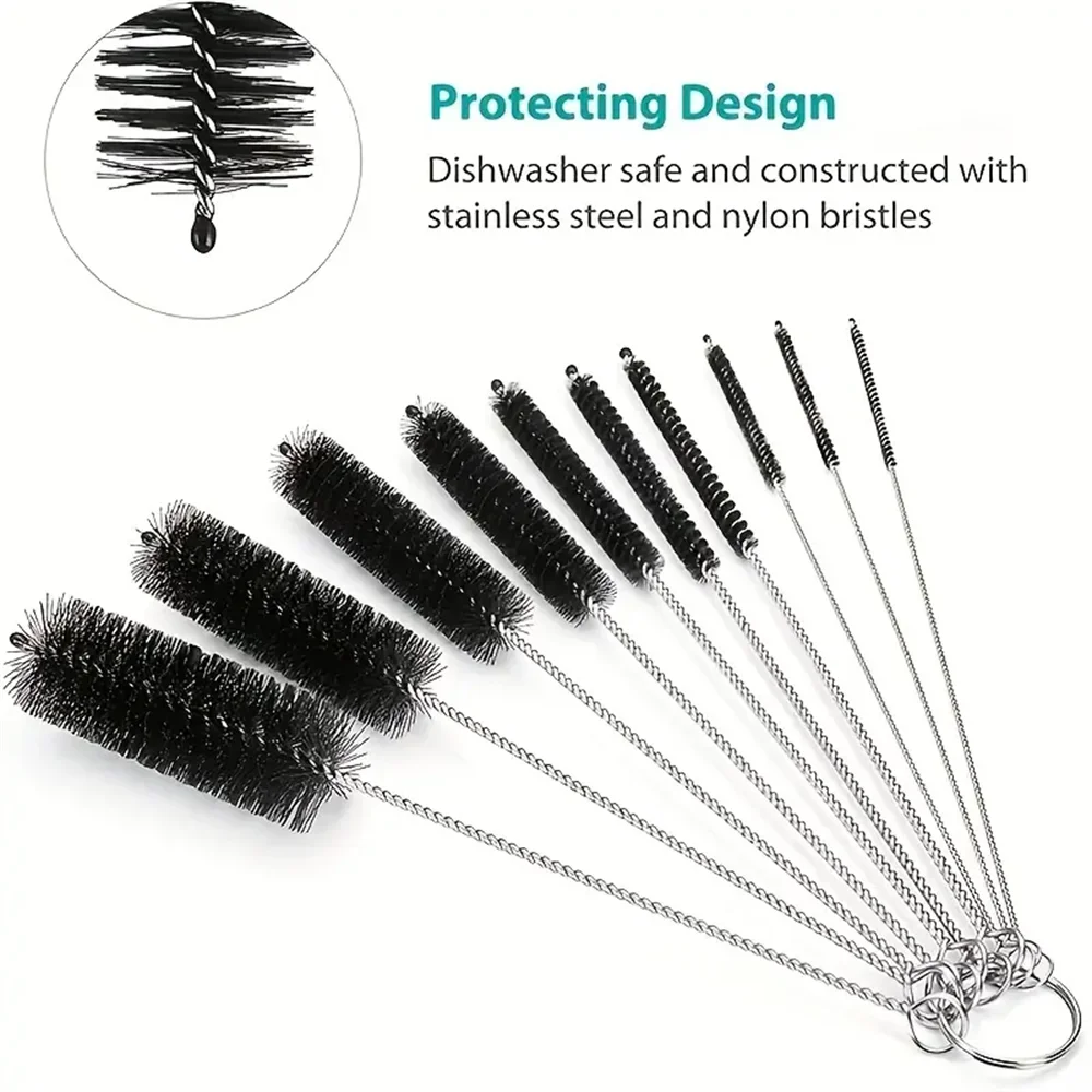10Pcs/Set Multifunctional Portable Stainless Steel Household Bottle Brushes Cleaner Glass Household Cleaning Tools Set