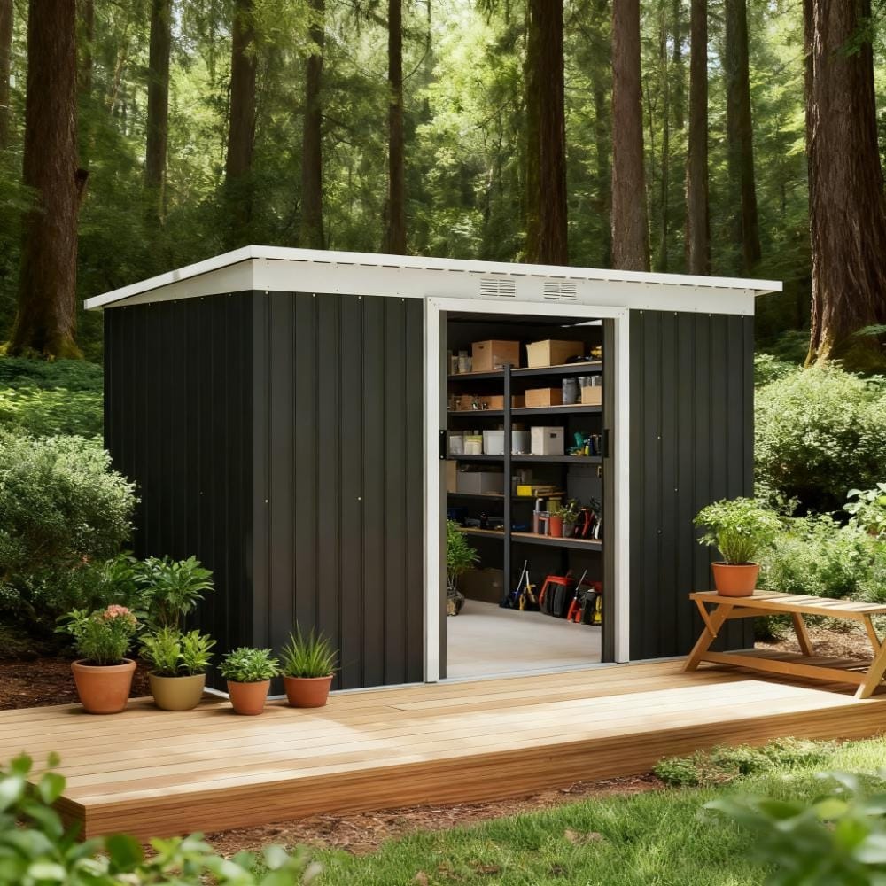 Dark Gray Garden Storage Shed Outdoor Storage Shed 9' x 4' Tool House with Double Lockable Doors for Backyard, Patio, Lawn
