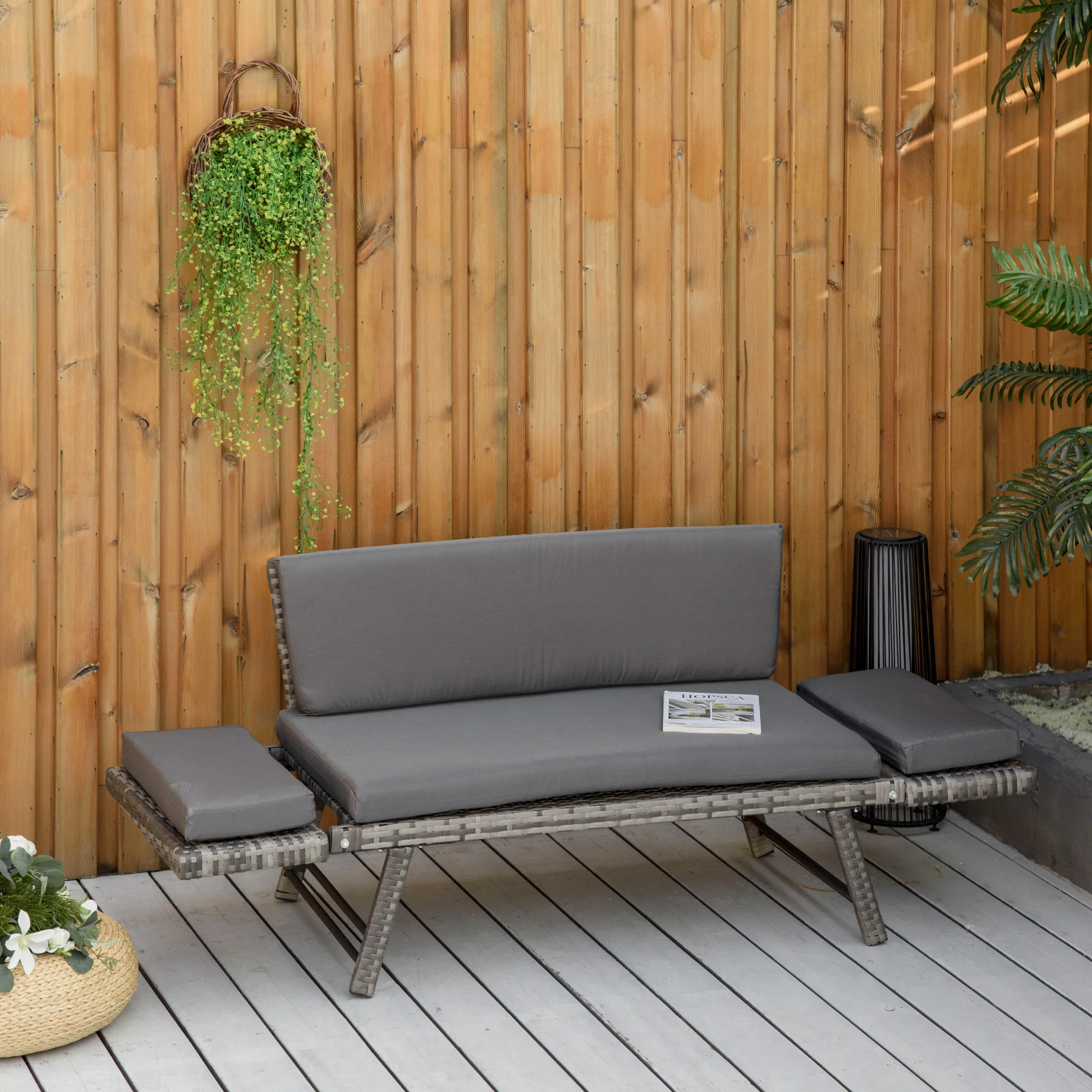 Canapé de jardin en polyrotin 2 places, mobilier de jardin, canapé lounge, banc de jardin, chaise longue de jardin, accoudoirs pliants, gris acier, 129x63x67 cm